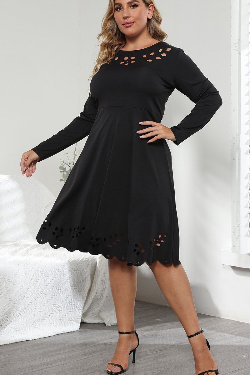 WOMEN PLUS SIZE PUNCHING LONG SLEEVE DRESS