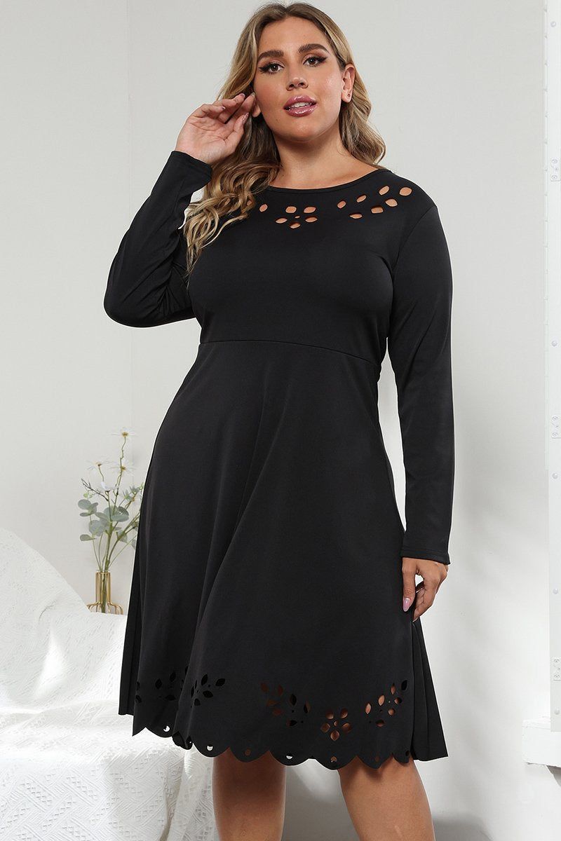 WOMEN PLUS SIZE PUNCHING LONG SLEEVE DRESS