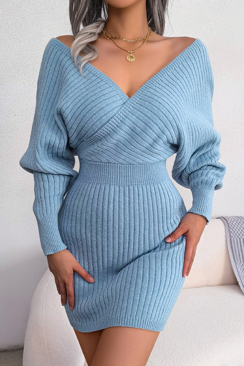 WOMEN SEXY WRAP SLIM WAIST KNITTED SHORT DRESS