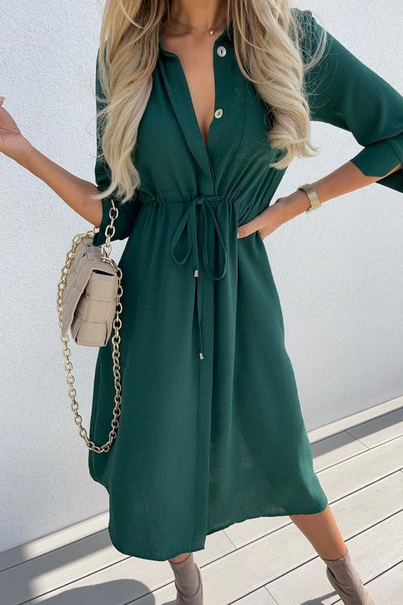 WOMEN DRASTRING WAIST BUTTON DOWN LONG DRESS