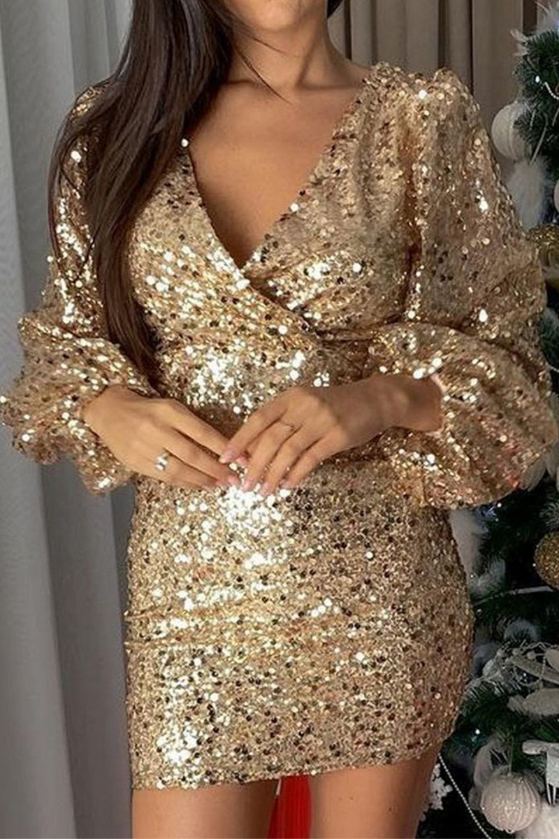 WOMEN SEXY SEQUIN CROSS WRAP PARTY DRESS