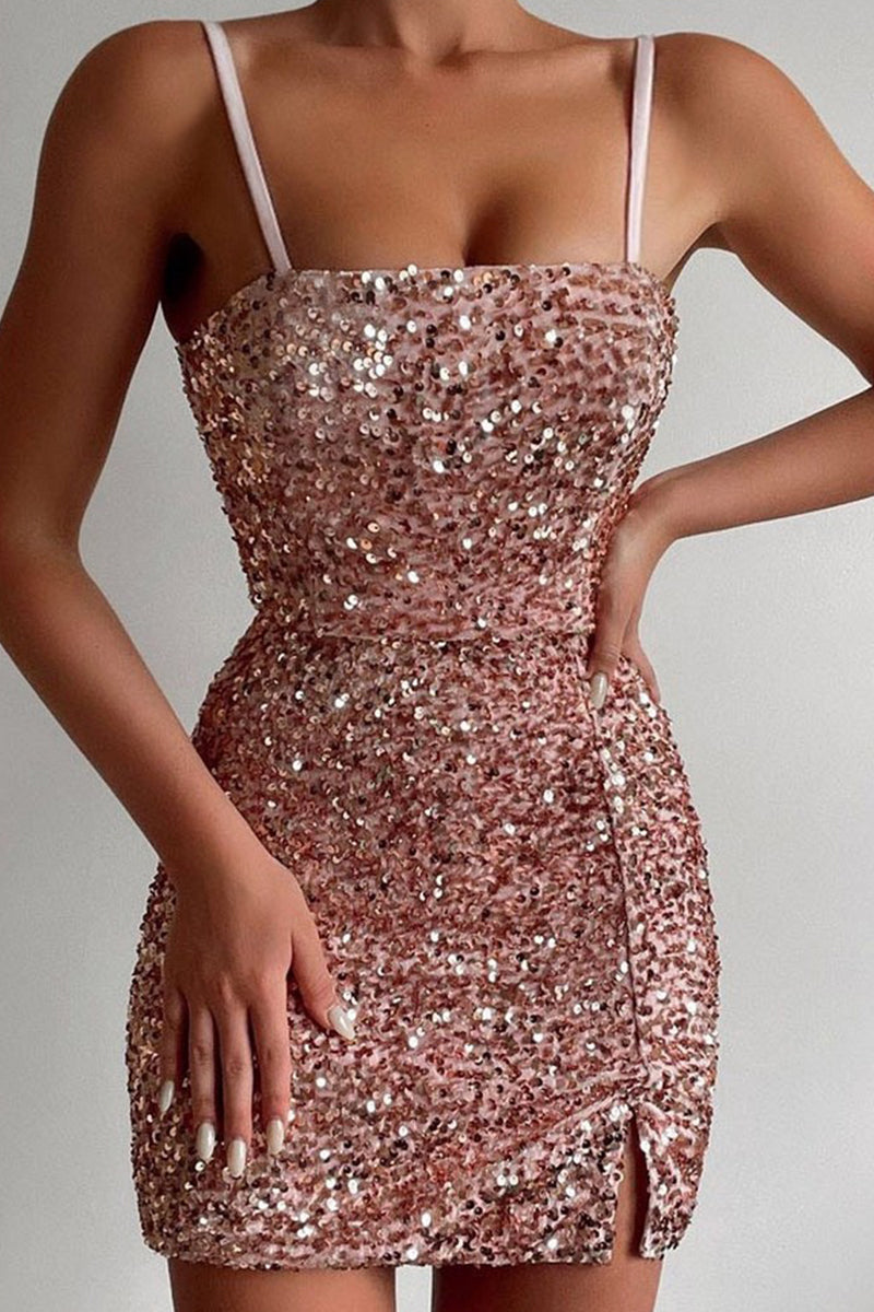 WOMEN SPAGHETTI STRAP SEQUIN MINI PART DRESS