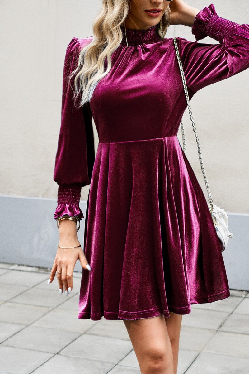 WOMEN HIGH RUFFLED NECK LONG SLEEVE SHORT DRESS