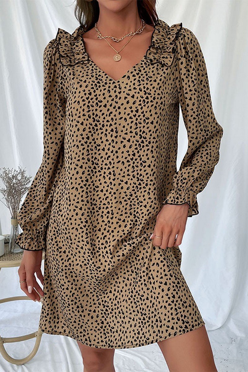 WOMEN RUFFLE SHOULDER DETAILED LEOPARD MINI DRESS