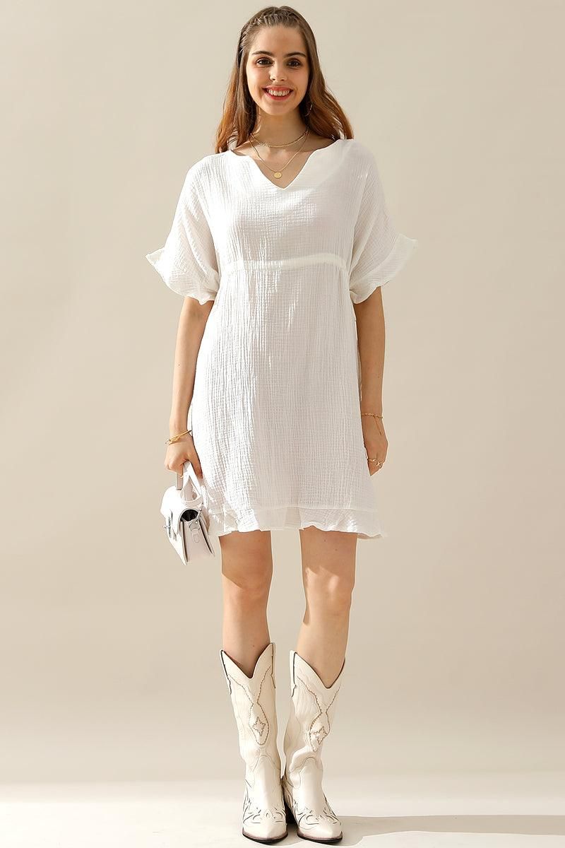 SOFT COTTON DRAWSTRING WAIST WITH RUFFLE HEM DRESS - Doublju