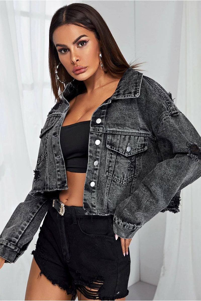DISTRESSED BUTTON DOWN CROP DENIM JAKCET - Doublju