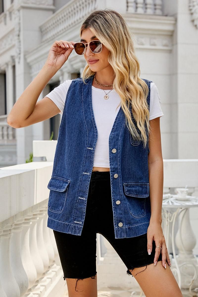 MULTI POCKET BUTTON CLOSURE DENIM VEST - Doublju