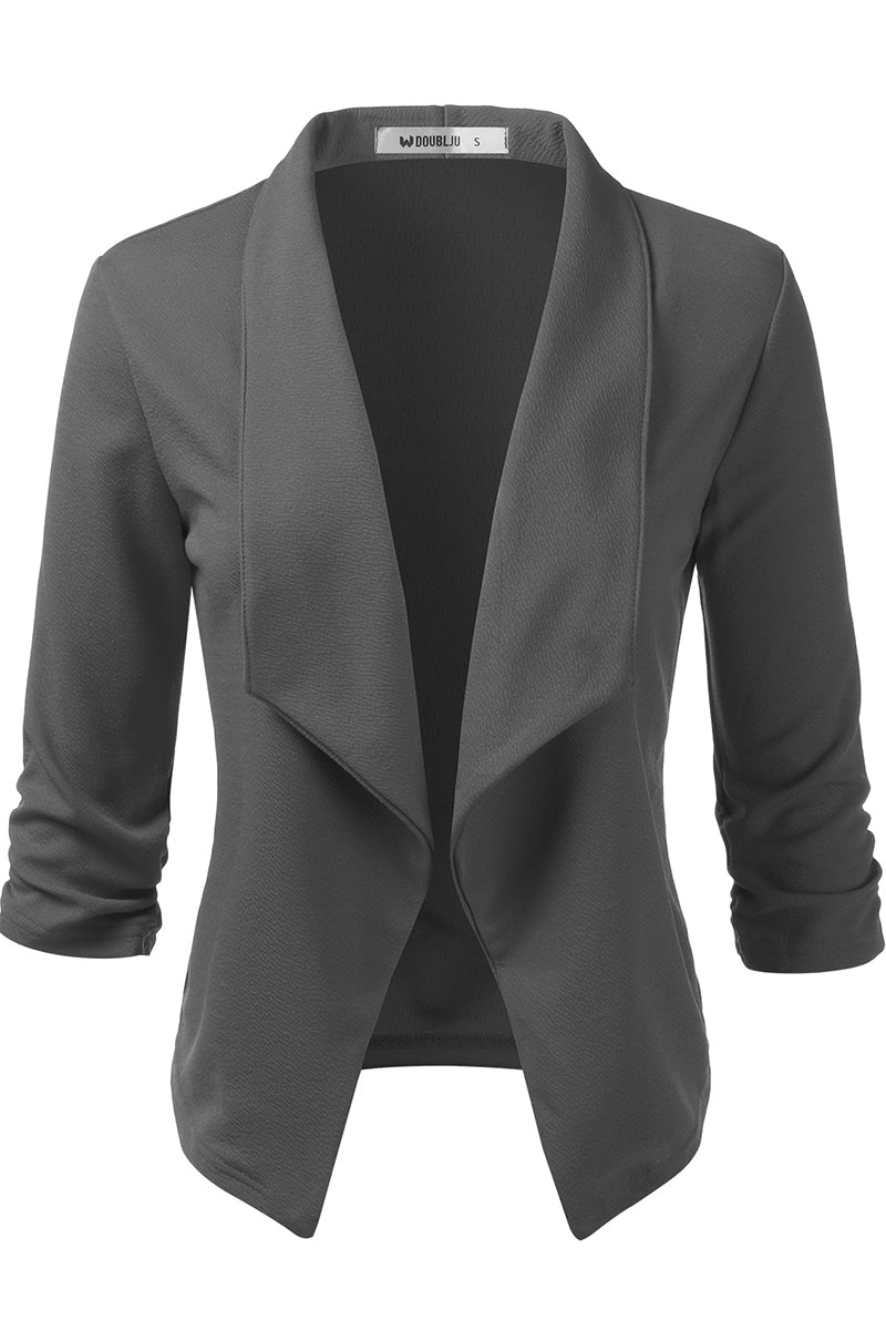 WOMEN'S CASUAL WORK RUCHED 3/4 SLEEVE OPEN FRONT BLAZER JACKET WITH PLUS SIZE