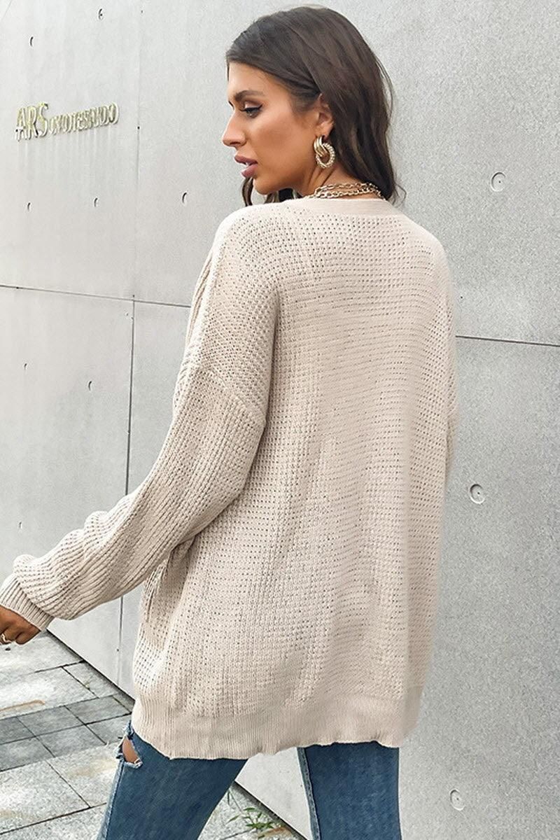 CHUNKY CABLE KNIT LOOSE LONG BUTTON DOWN CARDIGAN - Doublju