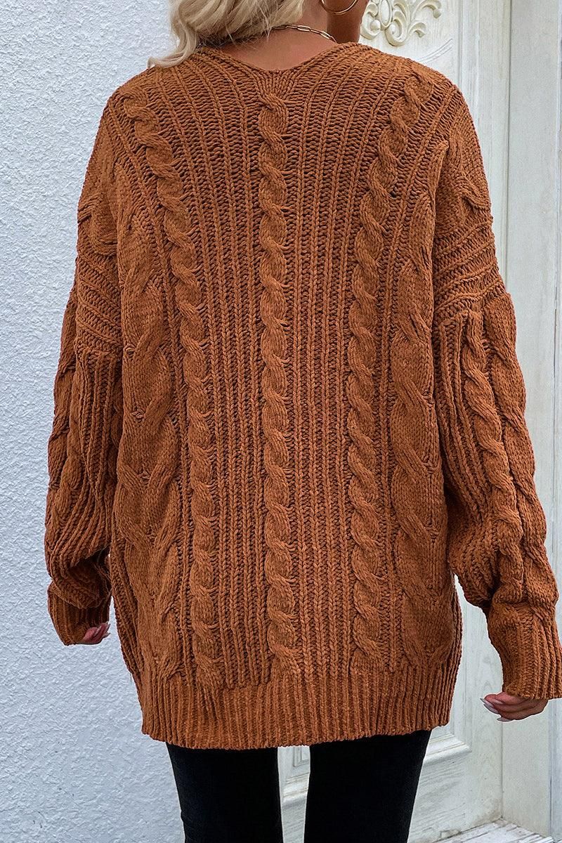 CABLE KNIT OPEN FRONT CASUAL CARDIGAN - Doublju
