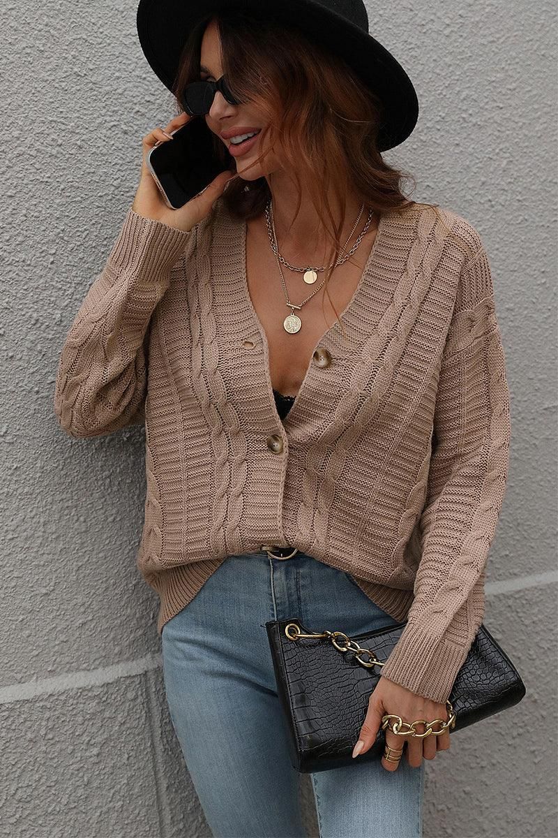 BUTTON DOWN CABLE KNIT CASUAL CARDIGAN - Doublju