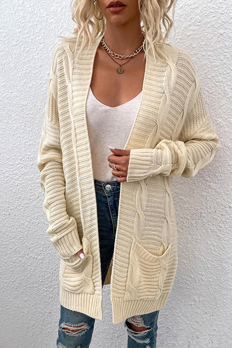 OPEN FRONT CABLE KNIT CARDIGAN WITH SIDE POCKETS - Doublju