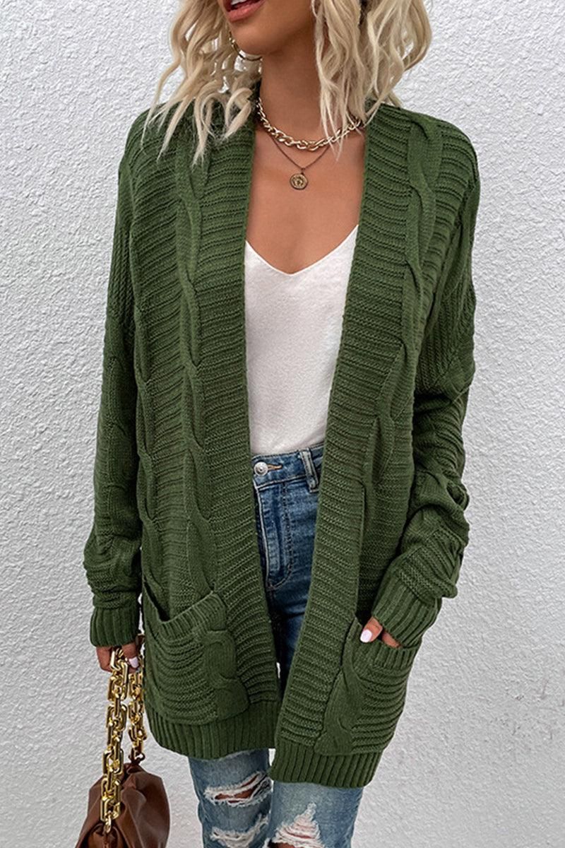 OPEN FRONT CABLE KNIT CARDIGAN WITH SIDE POCKETS - Doublju