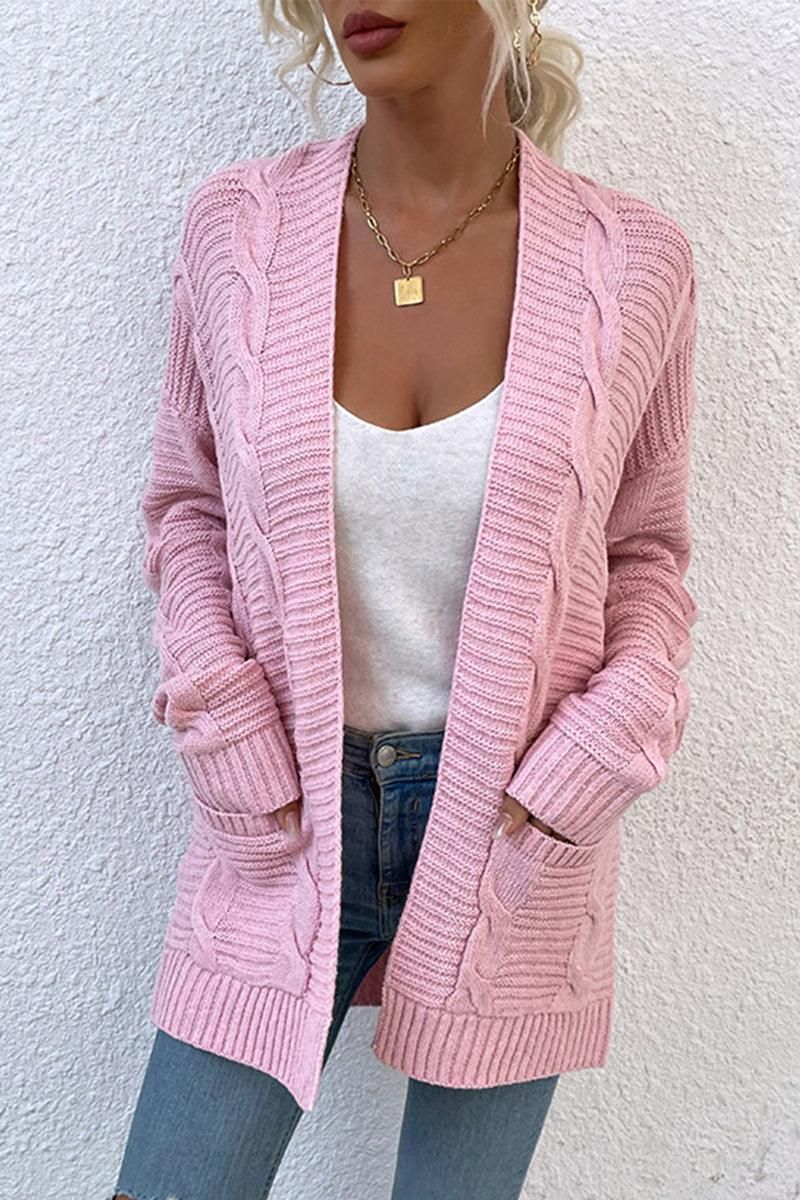 OPEN FRONT TWIST CABLE KNIT CASUAL CARDIGAN - Doublju