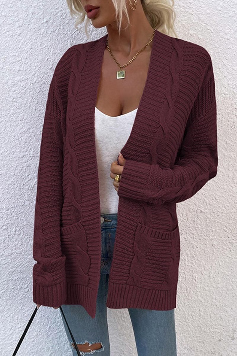OPEN FRONT TWIST CABLE KNIT CASUAL CARDIGAN - Doublju