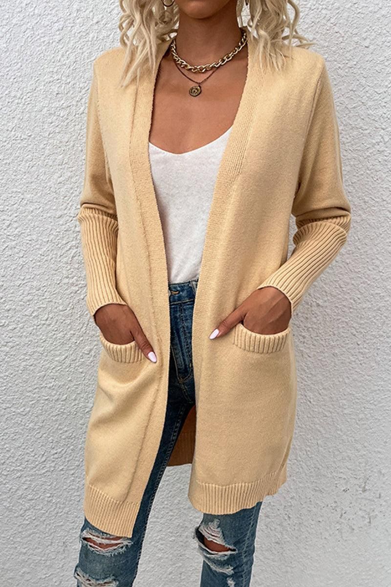 OPEN FRONT SIDE POCKETS BASIC CARDIGAN - Doublju