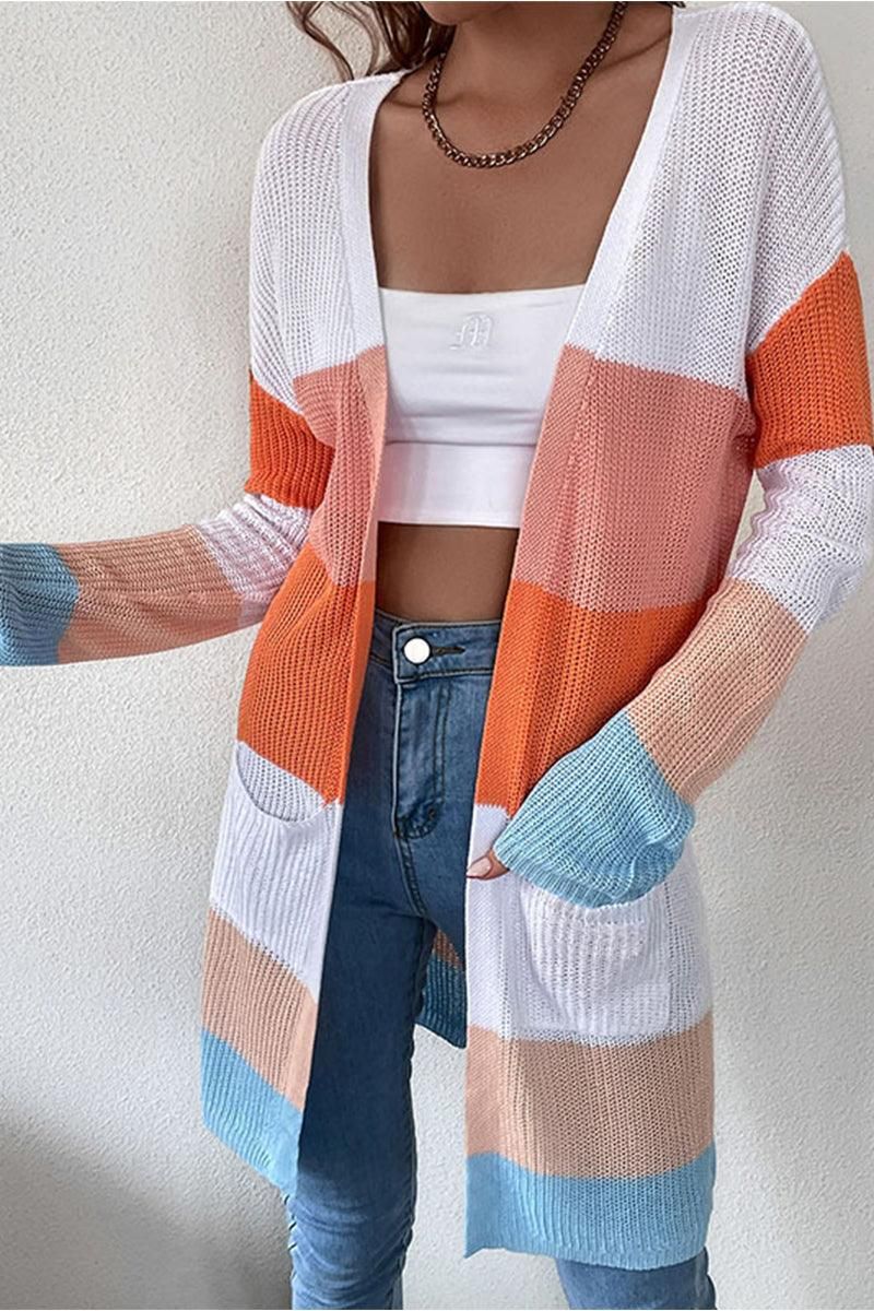 COLOR BLOCKED OPEN FRONT KNIT CARDIGAN - Doublju