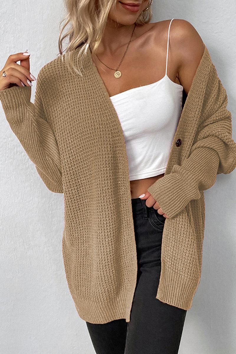 KNITTED ONE BUTTON CARDIGAN - Doublju