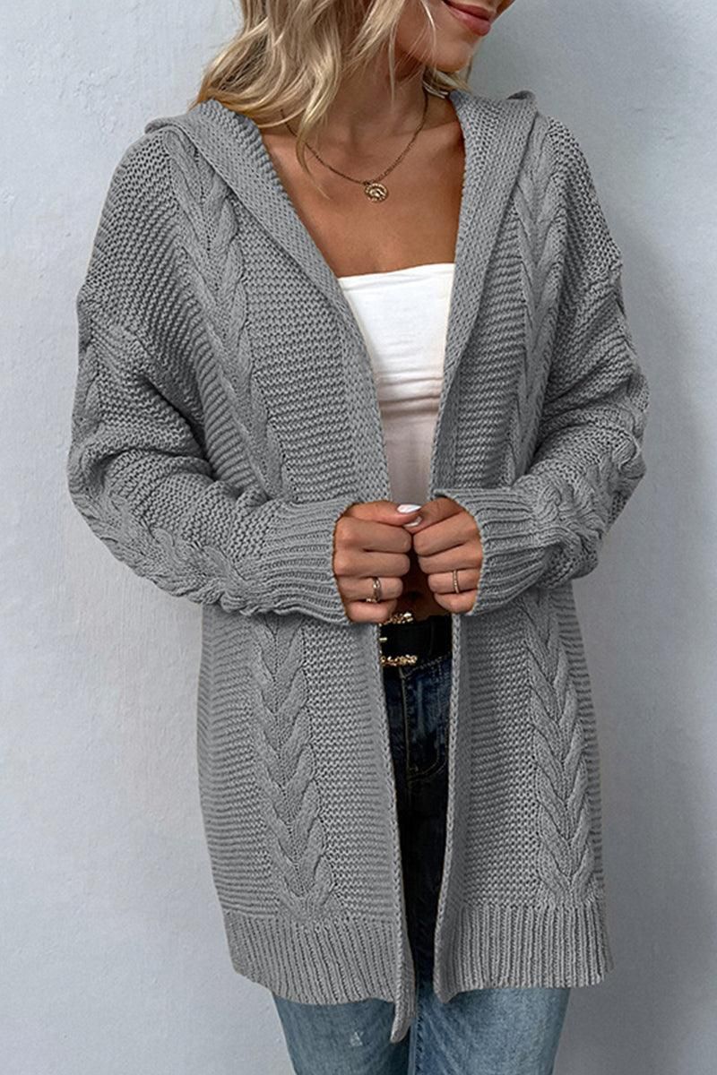 WOMENS KNITTED OPEN FRONT HOODY CARDIGAN - Doublju