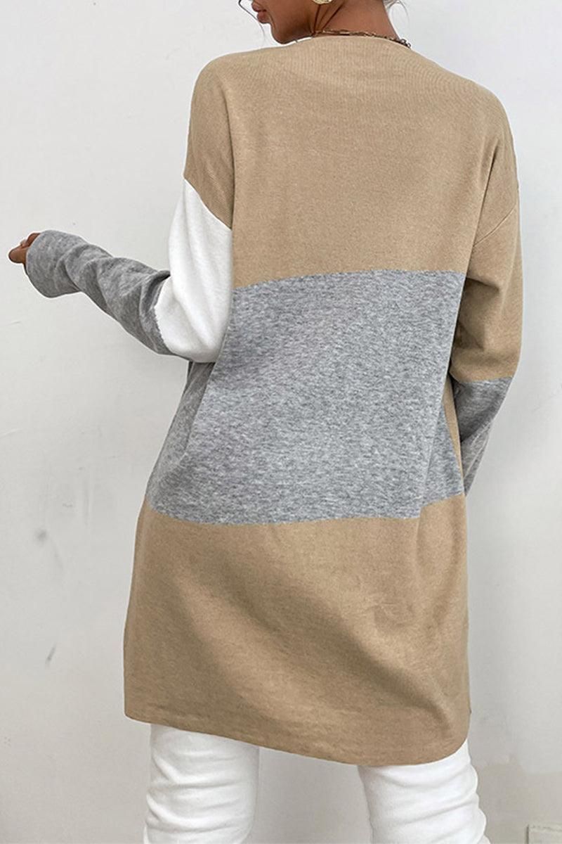 COLOR BLOCK OPEN FRONT CARDIGAN WITH POCKETS - Doublju