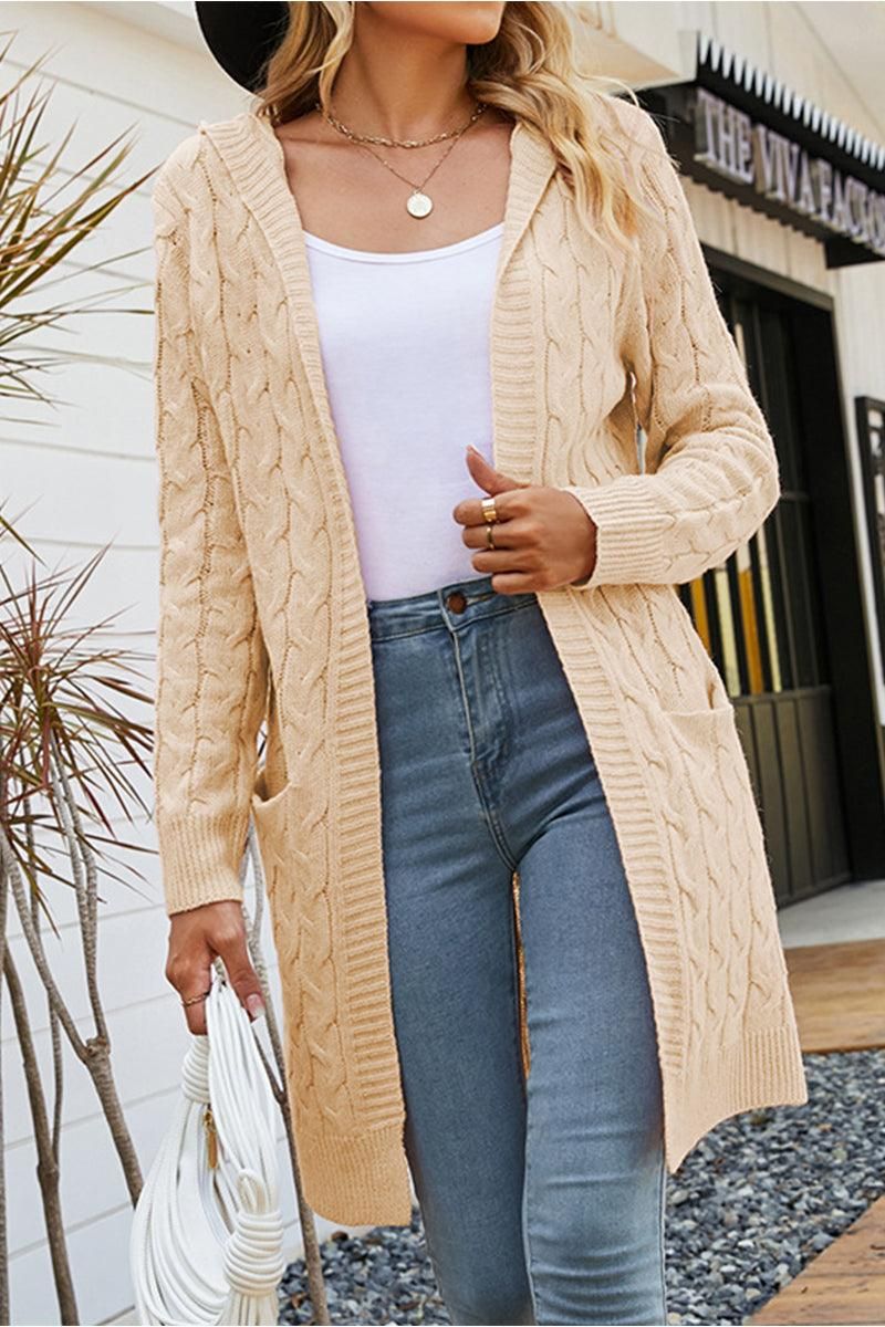 CABLE KNIT OPEN FRONT CARDIGAN WITH POCKETS - Doublju