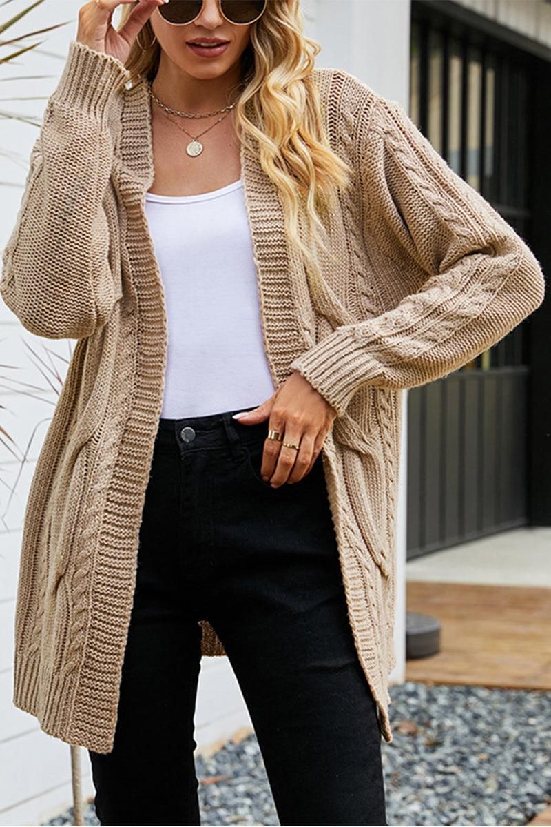 OPEN FRONT CABLE KNITTED CASUAL CARDIGAN - Doublju