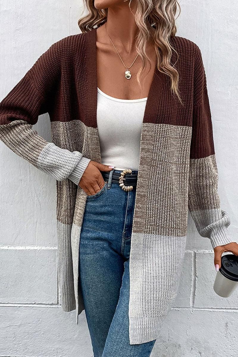 LONG SLEEVE COLOR BLOCK CARDIGAN COAT - Doublju