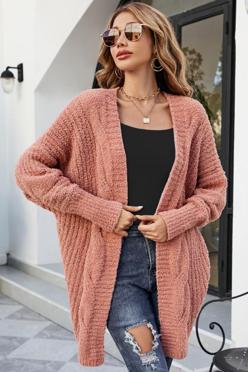 WOMEN FURRY CABLE KNITTED OPEN FORNT CARDIGAN - Doublju