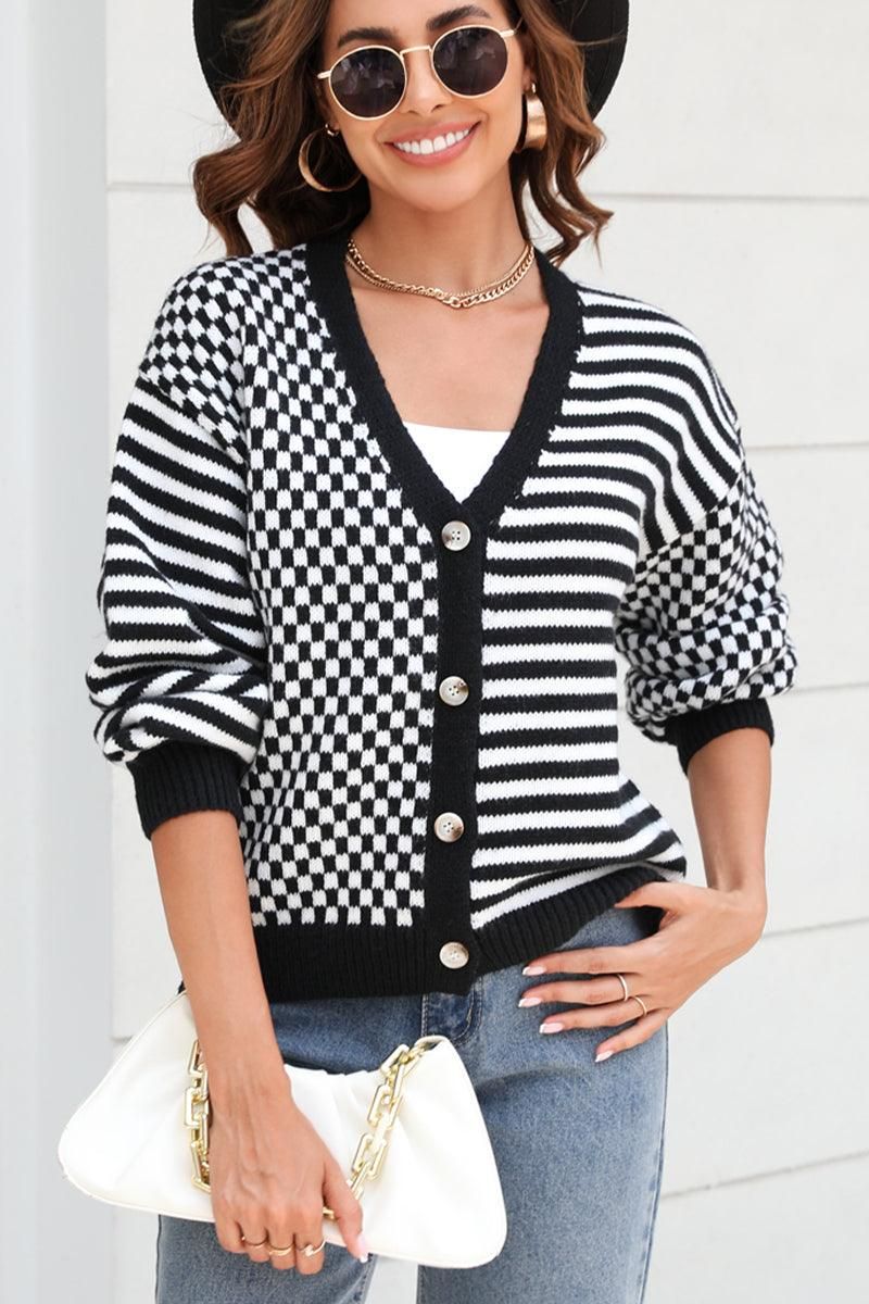 WOMEN STRIPE AND PLAID PATTERN BUTTON UP CARDIGAN - Doublju