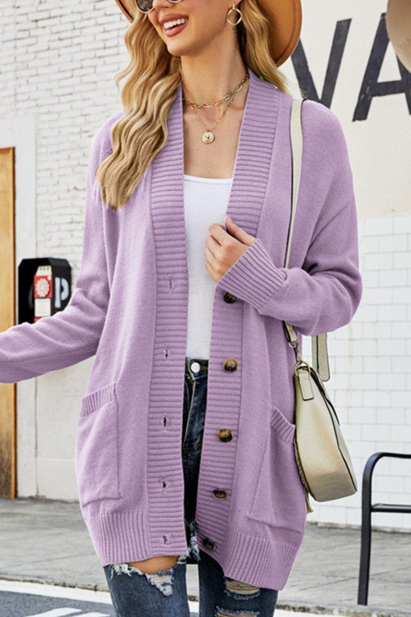 BUTTON CLOSURE RIBBED KNIT CARDIGAN WITH POCKETS