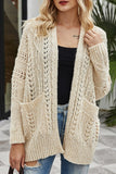 WOMEN CABLE KNITTED CROCHET RIBBED MID CARDIGAN