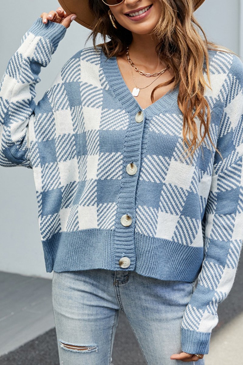 WOMEN OVERSIZED LOOSE FIT PLAID BUTTONED CARDIGAN