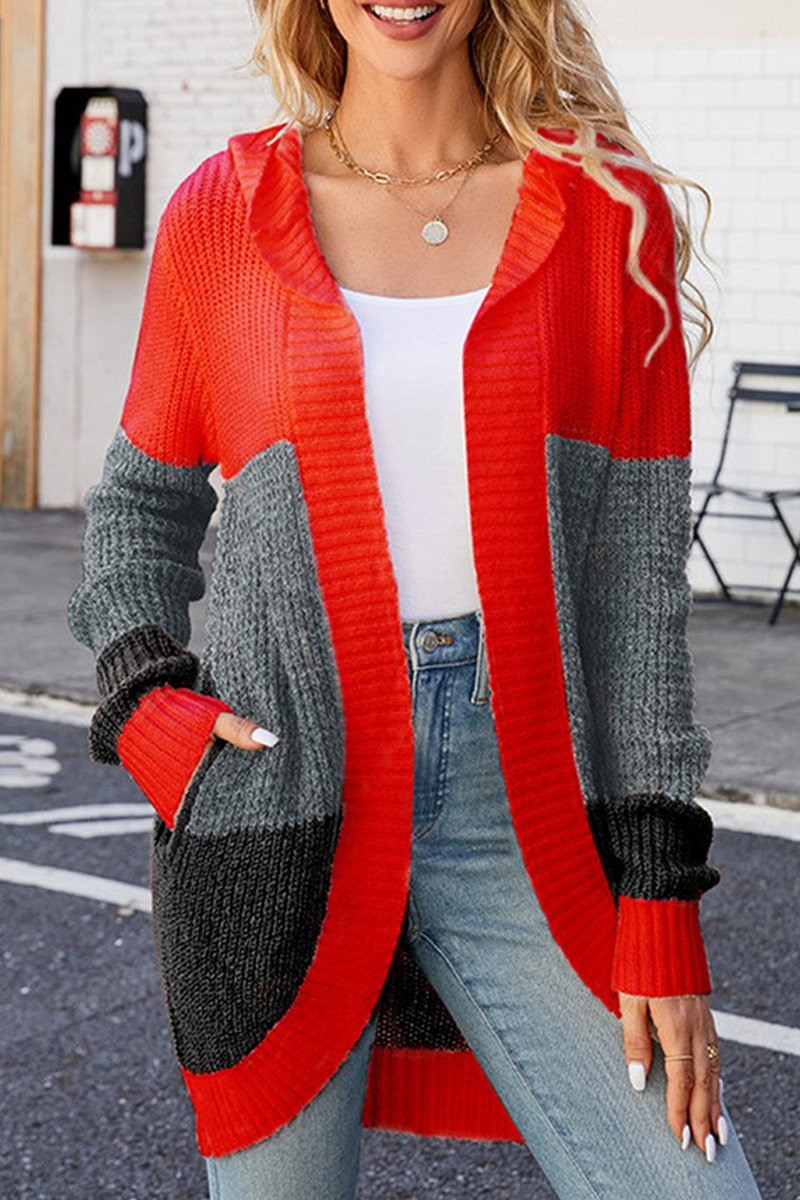 WOMEN KNITTED COLOR BLOCK HOODED CARDIGAN