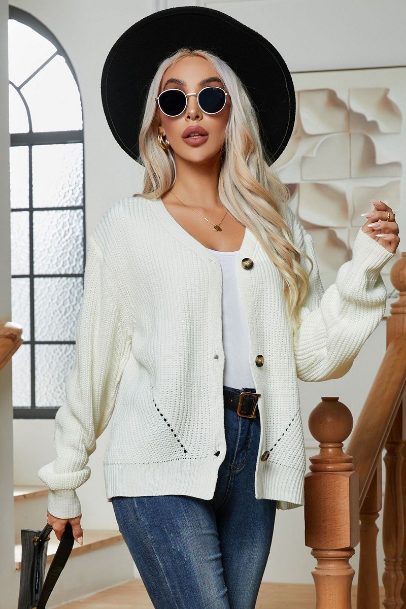 WOMEN SOLID SINGLE BREASTED CASUAL CARDIGAN