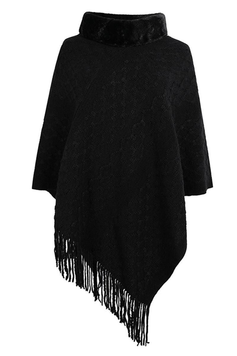 FEMALE FUR COLLAR TASSEL HEM COAT SHAWL - Doublju