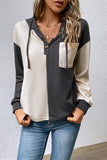 WOMEN BUTTONED V NECK COLOR BLOCK HOODIE