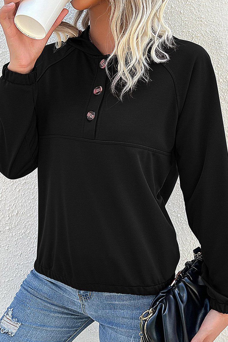WOMEN RIBBED SLEEVE BUTTON NECK HOODED PULLOVER