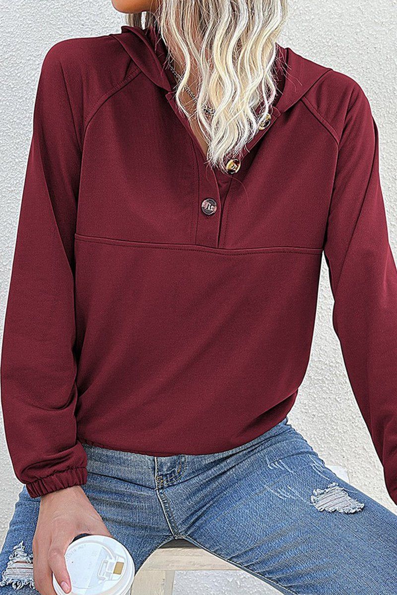 WOMEN RIBBED SLEEVE BUTTON NECK HOODED PULLOVER