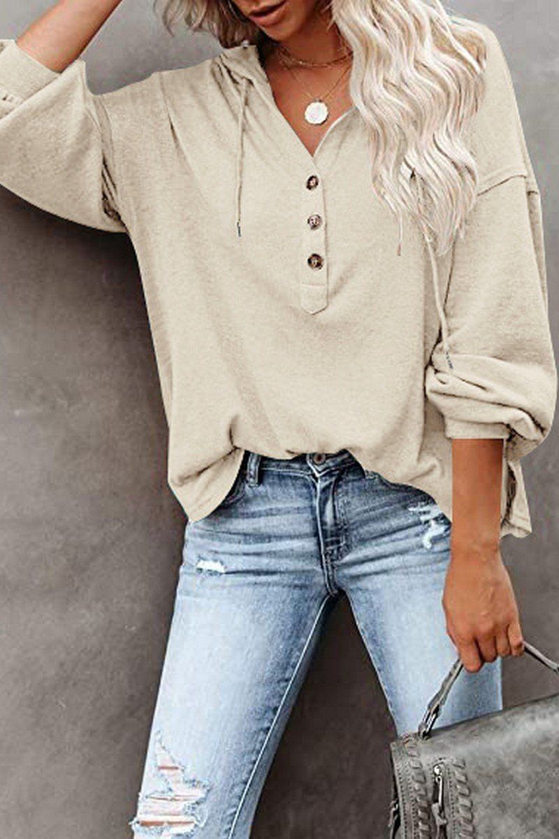 WOMEN BUTTON NECK OVERSIZED HOODIE PULLOVER