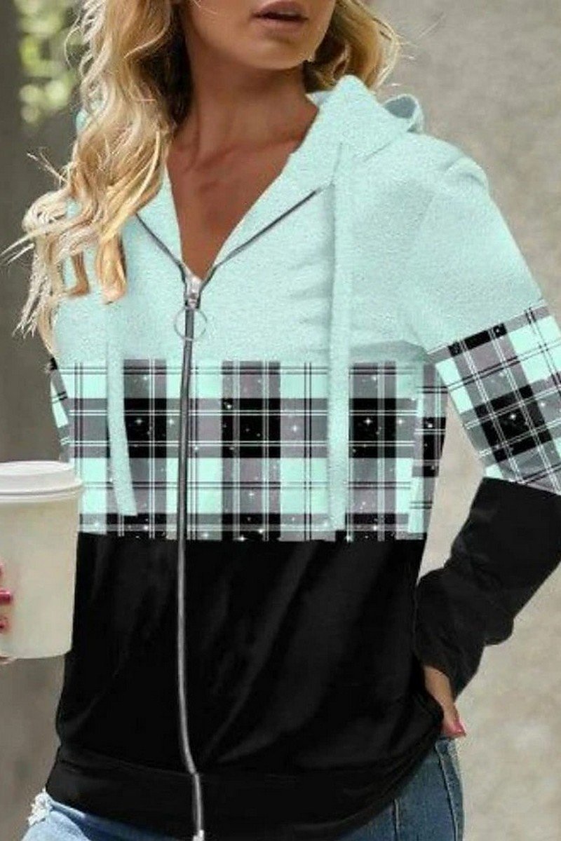 WOMEN MULTI PATTERNED ZIP UP CLOSURE HOODIE