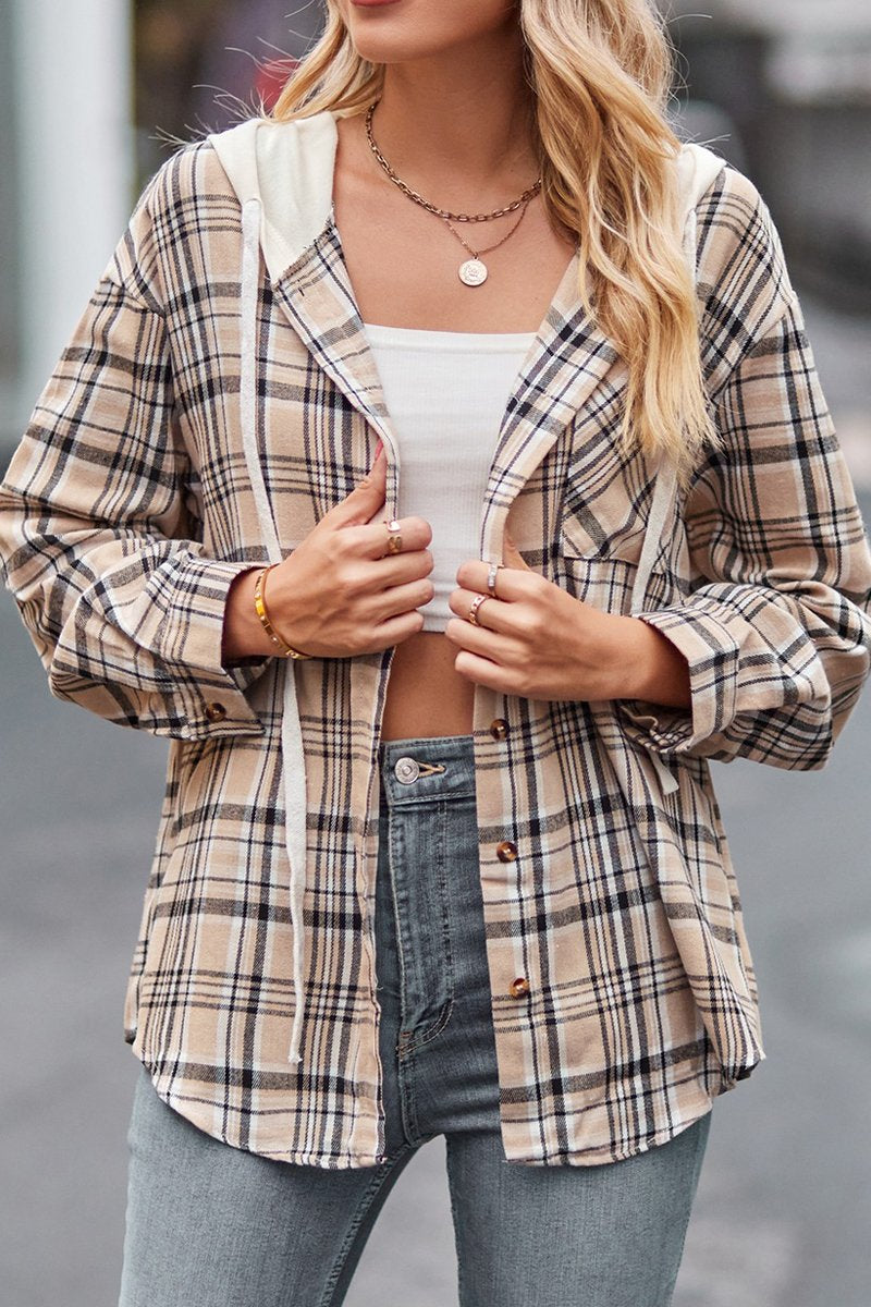 WOMEN PLAID CASUAL BUTTON UP PULLOVER HOODIE