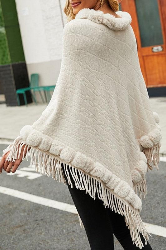 FURRY COLLAR SOLID COLOR KNITTED CLOAK SHAWL - Doublju