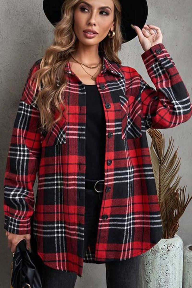 WOMEN PLAID BUTTON UP CASUAL SHACKET WITH POCKETS - Doublju