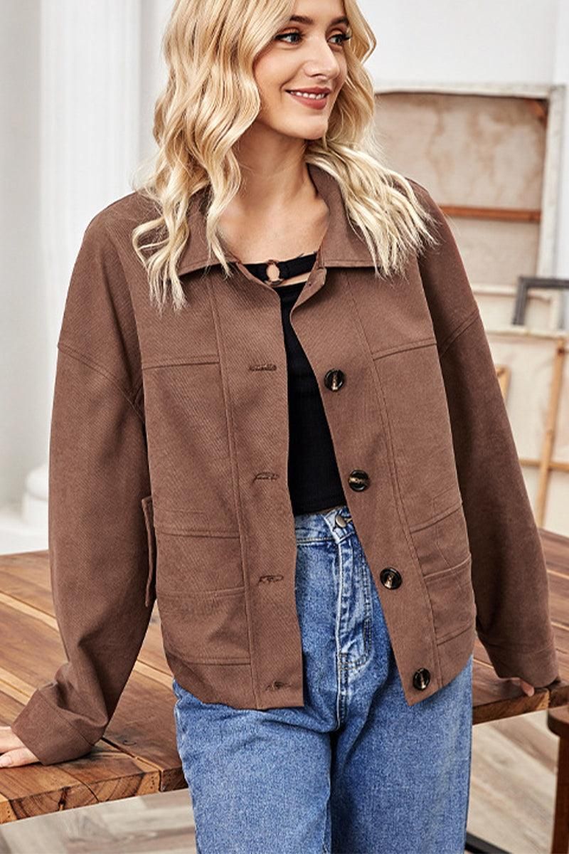 WOMEN OVERSIZED BOYFRIEND BUTTON UP JAKCET - Doublju