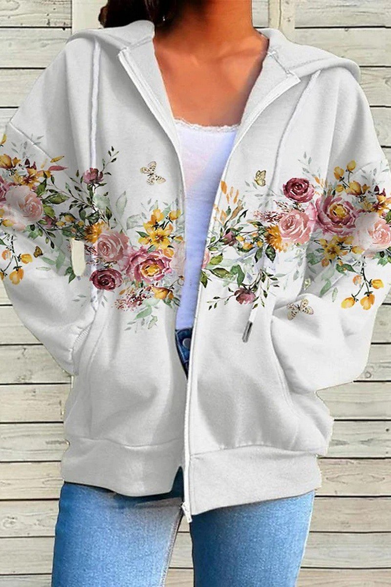 WOMEN MULTI PATTERNED ZIP UP POCKET HOODIE JACKET