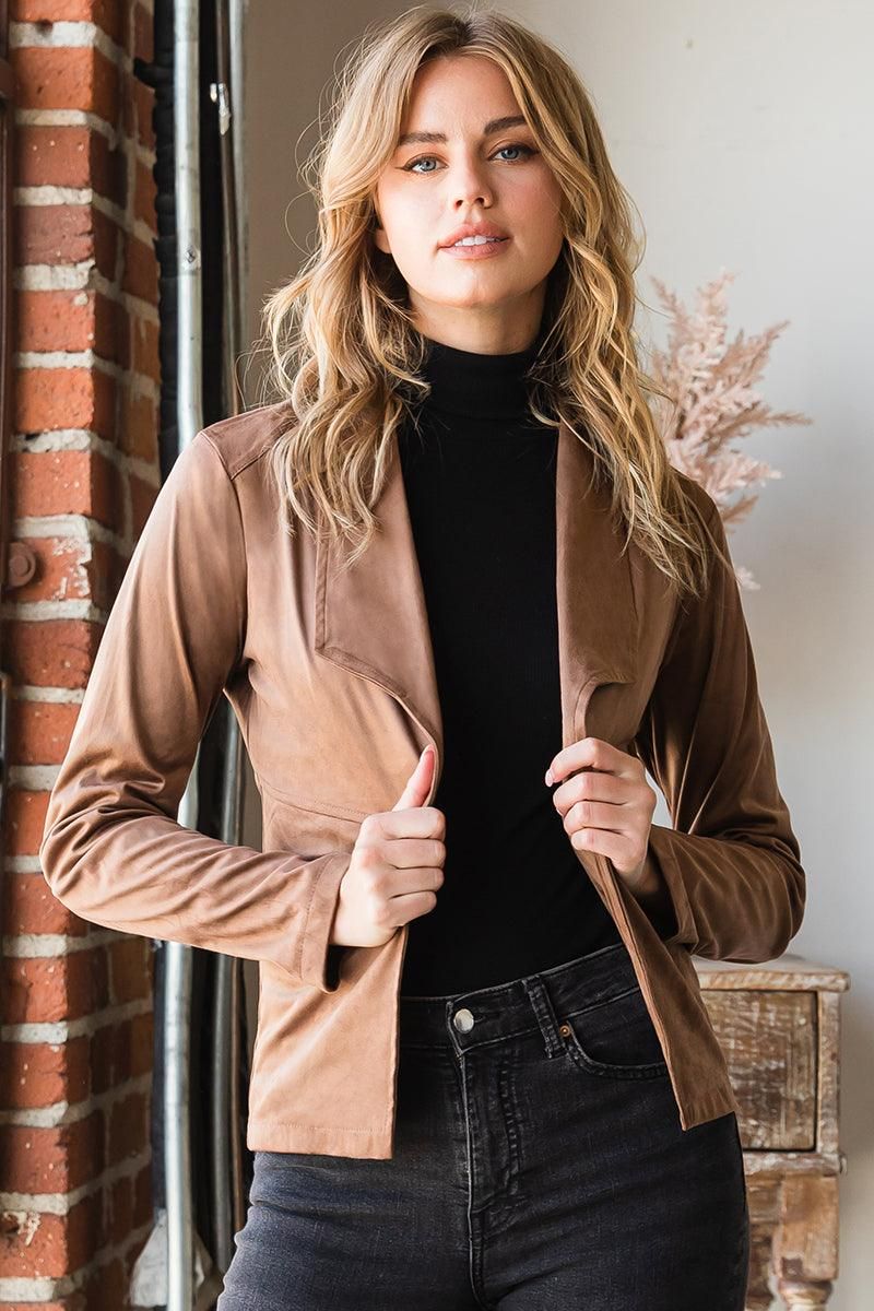 WATERFALL FAUX SUEDE OVER HIP LENGTH JACKET - Doublju