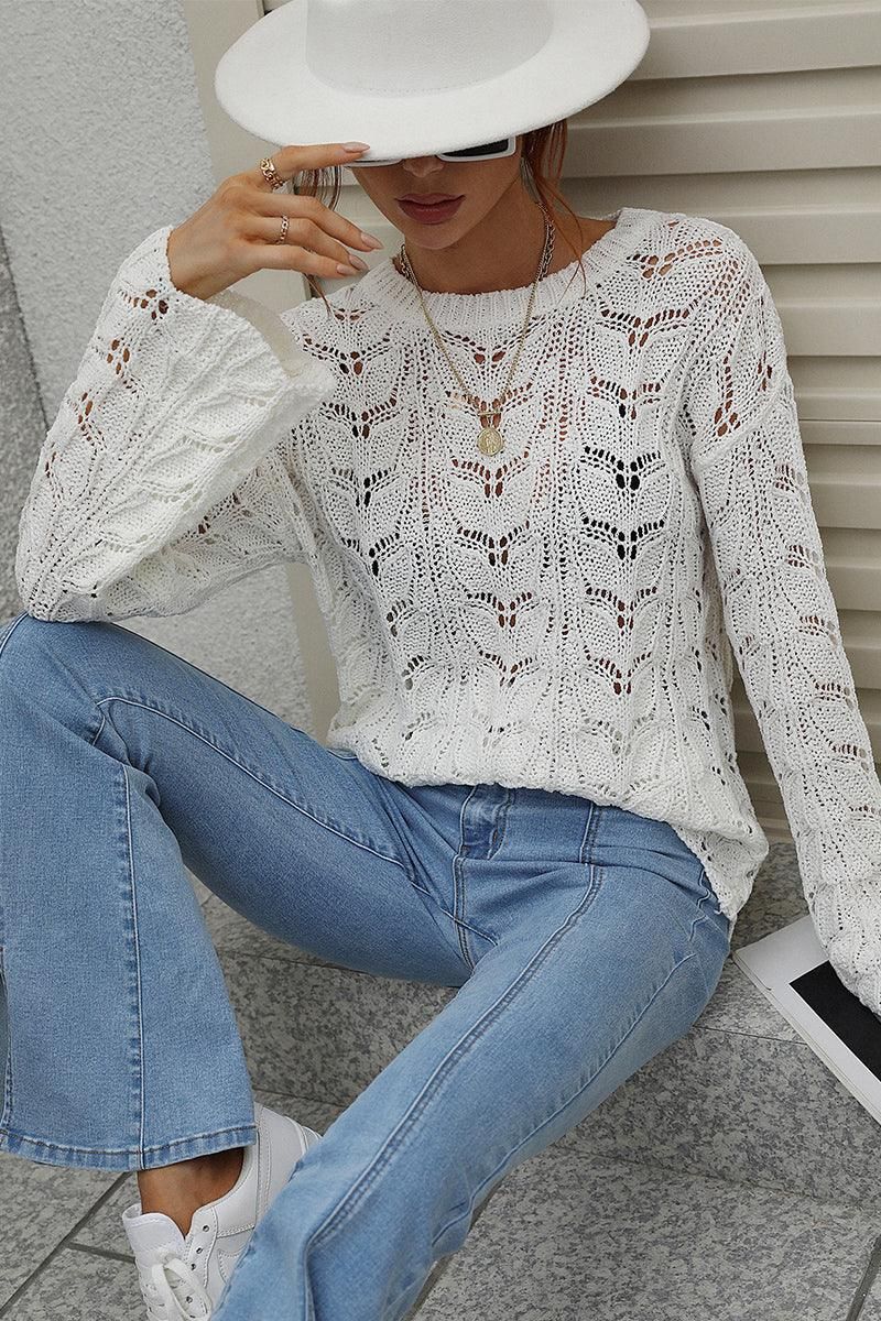 PATTERNED CABLE KNIT LOOSE SLEEVE SWEATER TOP - Doublju