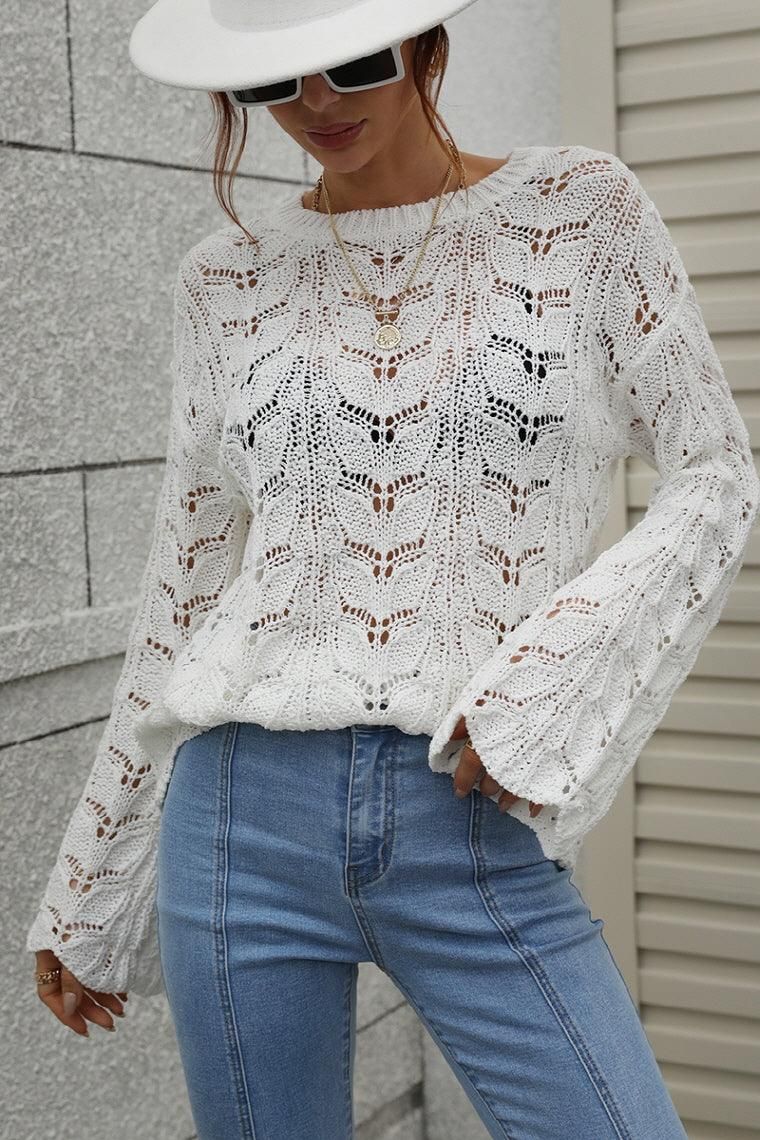 PATTERNED CABLE KNIT LOOSE SLEEVE SWEATER TOP - Doublju