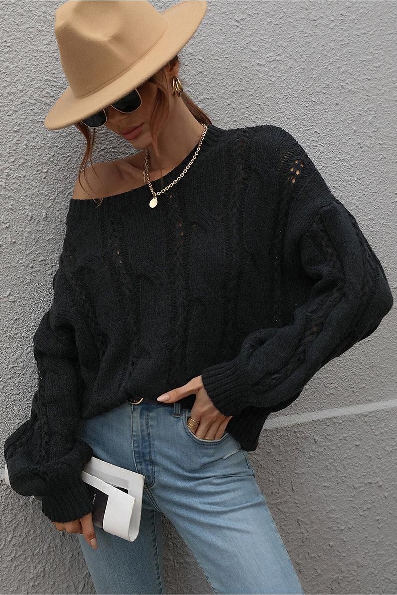 LOOSE FIT CABLE KNIT DAILY SWEATER - Doublju