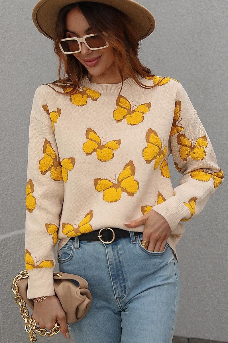 BUTTERFLY PRINTING LONG SLEEVE CASUAL SWEATER - Doublju